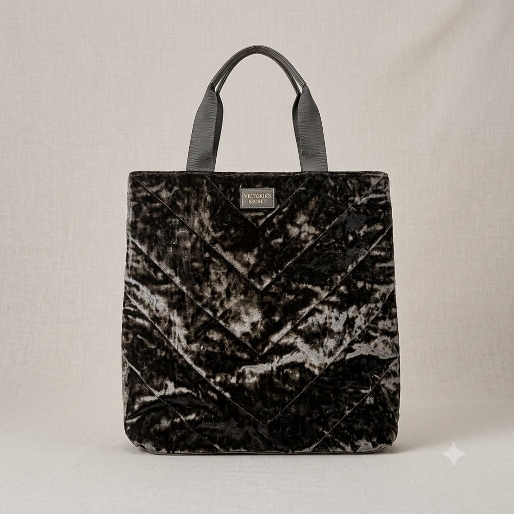 Victoria's Secret Tote Bag Womens Black Crushed Velvet Chevron Quilted Large